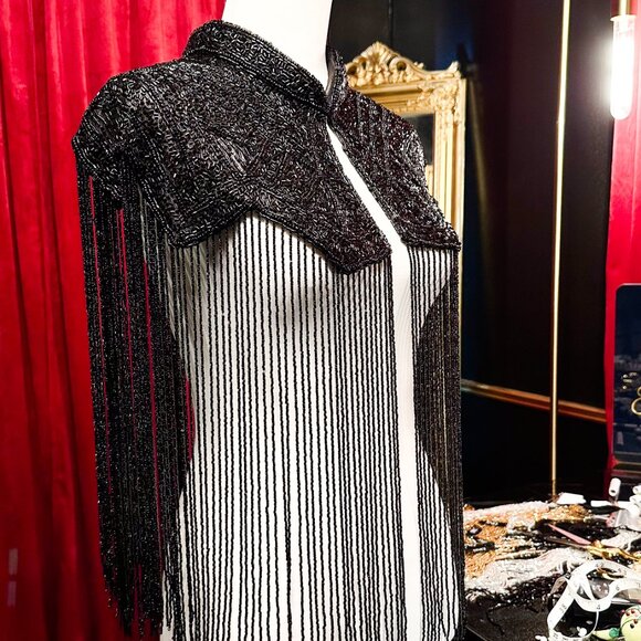 Black Fringe Cape, Beaded Rhinestone Shawl, Luxury Sequin Cape - Picture 4 of 13
